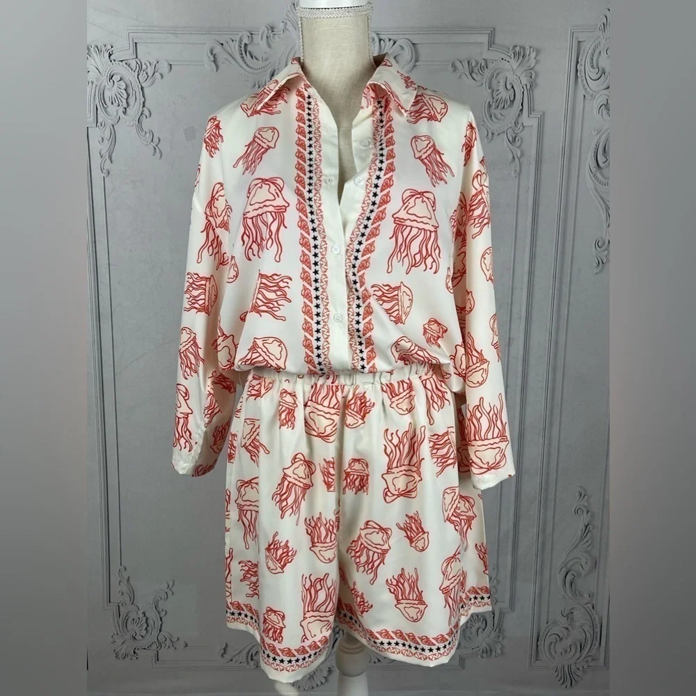 Casual Jellyfish blouse & Shorts Loose Fit Sea Life Print Beach Coverup - Picture 12 of 16